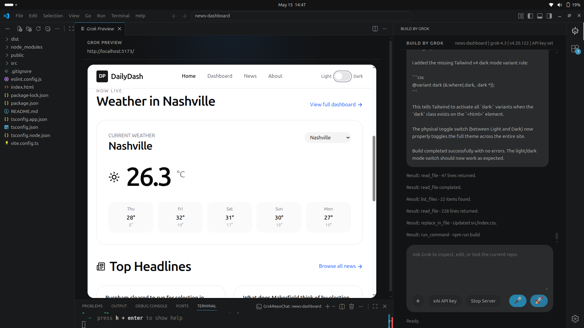 Daily dashboard site created with Build by Grok